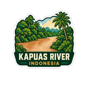 May include: A die-cut sticker featuring a scenic illustration of the Kapuas River in Indonesia, with a winding brown river, lush green tropical trees, a tall palm tree, and a light blue sky. The text KAPUAS RIVER INDONESIA is printed in white.