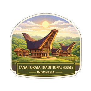 May include: A sticker depicting traditional Indonesian houses with distinctive curved roofs. The houses are set against a backdrop of green hills, a setting sun, and a clear sky. The text "Tana Toraja Traditional Houses - Indonesia" is displayed.