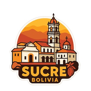 May include: A sticker featuring a stylized illustration of Sucre, Bolivia. The design includes buildings, a church tower, and a sunset backdrop. The text "SUCRE BOLIVIA" is prominently displayed in a bold font.