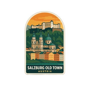 May include: A sticker featuring a stylized illustration of Salzburg Old Town, Austria. The design includes a castle atop a hill, buildings, and the text "SALZBURG OLD TOWN AUSTRIA" in a rectangular shape with an arched top and a sunset background.