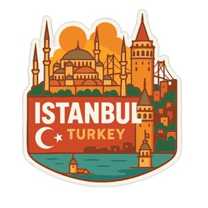 May include: A colorful Istanbul, Turkey souvenir sticker. The design features iconic landmarks like the Hagia Sophia and Galata Tower, with the city name and a crescent moon and star. The sticker has a white border.