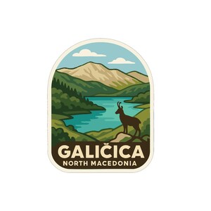 May include: A sticker featuring a scenic landscape of Galicica, North Macedonia. The design includes a lake, mountains, and a chamois. The text "GALICICA NORTH MACEDONIA" is displayed in a curved banner at the bottom.