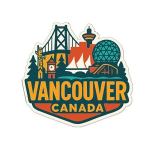 May include: A colourful sticker featuring a Vancouver, Canada design. The design includes a bridge, clock tower, and a geodesic dome. The text "VANCOUVER CANADA" is prominently displayed in a bold, yellow font.