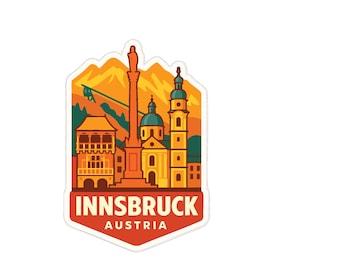 May include: A sticker featuring a stylized illustration of Innsbruck, Austria. The design includes buildings, mountains, and the text "INNSBRUCK AUSTRIA" in a red and white banner. The color palette includes orange, yellow, green, and brown.