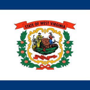 May include: The state flag of West Virginia features a white field with a blue border. The center of the flag displays a colorful coat of arms with a red ribbon that reads "State of West Virginia". The coat of arms depicts two men, one holding a hammer and the other a rifle, standing on a rock with the inscription "June 20, 1863".