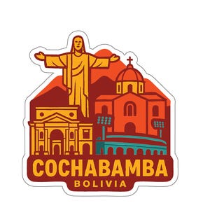 May include: A sticker featuring Cochabamba, Bolivia, with a stylized illustration of a statue, buildings, and the text "COCHABAMBA BOLIVIA". The design uses shades of orange, red, and yellow.