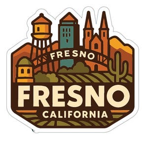 May include: A sticker featuring a stylized illustration of Fresno, California. The design includes a water tower, buildings, and the text "FRESNO CALIFORNIA" in a brown and white color scheme. The sticker has a white border.