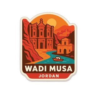 May include: A sticker featuring a stylized illustration of Wadi Musa, Jordan. The design includes a depiction of the ancient city, a boat on a river, and the text "Wadi Musa Jordan" in white letters.
