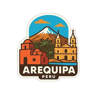 May include: A sticker featuring a colorful illustration of Arequipa, Peru. The design includes a snow-capped mountain, buildings, palm trees, and the text "AREQUIPA PERU" in a bold font. The sticker has a white border.