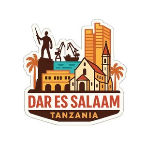 May include: A sticker depicting Dar es Salaam, Tanzania, with a graphic design. The image includes a figure, buildings, palm trees, and the text "DAR ES SALAAM TANZANIA" in a brown and white color scheme.
