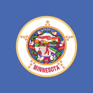 May include: The flag of Minnesota, featuring a blue background with the state seal in the center. The seal is a circular design with a white background, a gold border, and the words "L'Étoile du Nord" and "Minnesota".