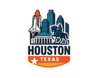May include: A sticker featuring a Houston, Texas design. The design includes a space shuttle, city skyline, and a rider on a horse. The word "HOUSTON" is displayed in blue, with "TEXAS" below in orange.