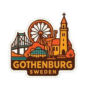 Puede incluir: Una colorida pegatina de Gotemburgo, Suecia, con una noria, un puente, una iglesia y una estatua. El nombre de la ciudad está en letras naranjas y en negrita, con un borde marrón.