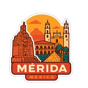Könnte beinhalten: Ein Aufkleber mit einer stilisierten Illustration von Mérida, Mexiko. Das Design umfasst eine Pyramide, eine Kirche und eine präkolumbianische Struktur, alles in Orange- und Brauntönen vor einem Sonnenuntergangshintergrund. Das Wort "MÉRIDA" ist deutlich sichtbar.