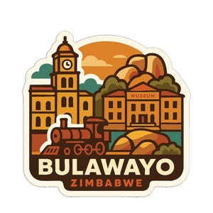 Könnte beinhalten: Ein Aufkleber mit einem Design von Bulawayo, Simbabwe. Die Illustration zeigt einen Zug, einen Uhrturm, ein Museum und eine Bergkette, alles in Braun-, Orange- und Grüntönen. Der Text "BULAWAYO ZIMBABWE" befindet sich unten.