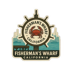 Peut inclure: Un autocollant avec un design nautique, affichant le texte "Fisherman's Wharf California". Le design comprend un gouvernail, un crabe rouge et une représentation d'une jetée et de bateaux. L'autocollant a une esthétique vintage et de voyage.