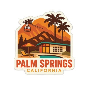 May include: A sticker featuring a retro illustration of Palm Springs, California. The design includes a cable car, mountains, palm trees, a mid-century modern house, and a pool. The text "PALM SPRINGS CALIFORNIA" is displayed in a bold font.