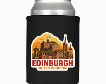 May include: Black can cooler with a graphic of Edinburgh, Scotland. The design features a castle, buildings, and the text "EDINBURGH UNITED KINGDOM" in red and white. The cooler is designed to hold a standard-sized can.