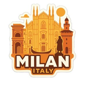 Pode incluir: Um autocolante com uma ilustração estilizada de Milão, Itália. O design inclui o Duomo, uma estátua e o texto "MILAN ITALY" em negrito, sobre um fundo branco.