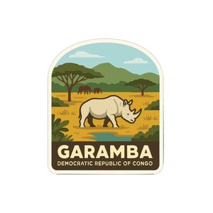 May include: A sticker featuring a rhino in a savanna landscape with trees, hills, and a pond. The text "GARAMBA DEMOCRATIC REPUBLIC OF CONGO" is at the bottom. The design has a vintage travel aesthetic.