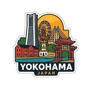 May include: A colorful sticker featuring Yokohama, Japan. The design includes a tall building, a Ferris wheel, a bridge, and a traditional Japanese gate. The text "YOKOHAMA JAPAN" is at the bottom.