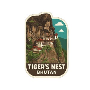 May include: A sticker featuring a detailed illustration of Tiger's Nest Monastery in Bhutan. The image shows the monastery nestled on a cliffside with a brown mountain backdrop, blue sky, and the text "TIGER'S NEST BHUTAN".