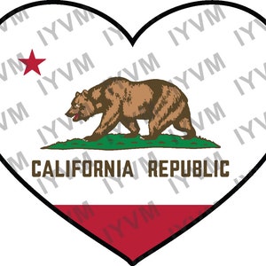 État de Californie Drapeau Coeur Autocollant Sticker USA California State Sacramento The Golden State San Francisco Los Angeles / San Diego /