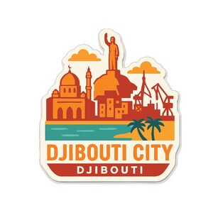 May include: A sticker featuring a stylized illustration of Djibouti City. The design includes a mosque, a statue, palm trees, and industrial cranes, all in shades of orange, red, and teal. The text "DJIBOUTI CITY" is prominently displayed.