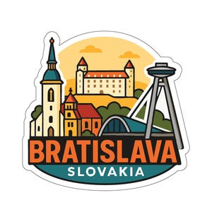 Op de afbeelding: Een sticker met een kleurrijke illustratie van Bratislava, Slowakije. Het ontwerp bevat een kasteel, een kerk en de UFO-brug, met de stadsnaam in oranje en de landnaam in teal.