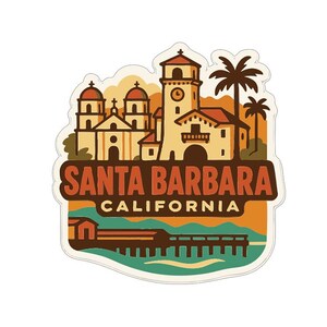 May include: A sticker with a Santa Barbara, California design. The illustration shows a mission-style building, a clock tower, palm trees, and a pier. The text "SANTA BARBARA CALIFORNIA" is displayed in a brown and orange font.