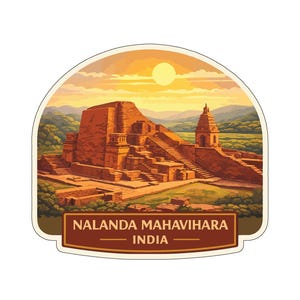 May include: A sticker with an illustration of Nalanda Mahavihara in India. The artwork shows ancient brick structures under a sunset. The text "NALANDA MAHAVIHARA INDIA" is displayed at the bottom of the sticker.