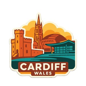 Può includere: Un adesivo con un'illustrazione stilizzata di Cardiff, Galles. Il design include un castello, una chiesa e altri edifici nei toni dell'arancione, del marrone e del verde acqua, con il testo "CARDIFF WALES" in basso.