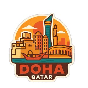 Puede incluir: Una pegatina con un paisaje urbano estilizado de Doha, Qatar. El diseño incluye edificios, un barco y el texto "DOHA QATAR" en marrón y blanco, sobre un fondo de puesta de sol.