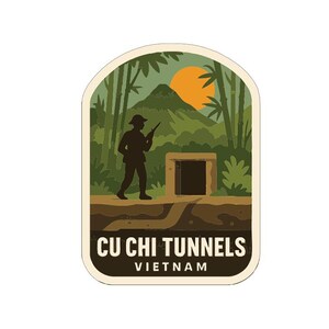 May include: A sticker featuring a silhouette of a person holding a rifle, walking near a tunnel entrance. The background includes a mountain, sun, and bamboo trees. The text "CU CHI TUNNELS VIETNAM" is at the bottom.