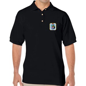 May include: A black polo shirt with a small embroidered patch on the left chest. The patch is blue and white with a red and green image of a plant.