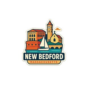 May include: A sticker featuring a colorful illustration of New Bedford, Massachusetts. The design includes the Whaling Museum, a church, a sailboat, and the text "NEW BEDFORD MASSACHUSETTS" in a navy blue banner.