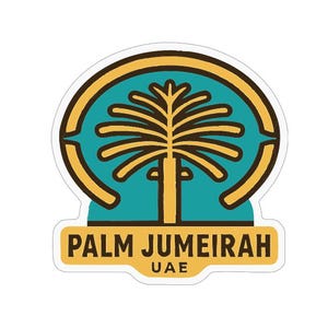 Op de afbeelding: Een sticker met het Palm Jumeirah logo. Het ontwerp bevat een gestileerde palmboom in goud en teal, geplaatst in een gouden cirkel. De woorden "PALM JUMEIRAH" en "UAE" zijn gedrukt in een vetgedrukte, schreefloze letter.