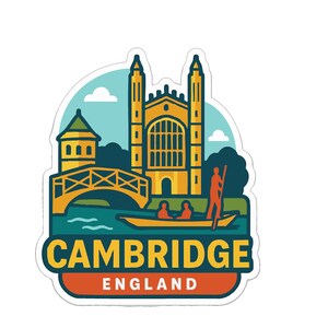 Op de afbeelding: Een kleurrijke sticker met Cambridge, Engeland. Het ontwerp omvat een brug, een gebouw met torens, een boot met mensen en de woorden "CAMBRIDGE ENGLAND". De sticker heeft een witte rand.