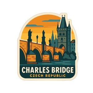 May include: A sticker featuring a stylized illustration of the Charles Bridge in Prague, Czech Republic. The design includes the bridge, statues, and a tower against a sunset sky. Text reads "CHARLES BRIDGE CZECH REPUBLIC."