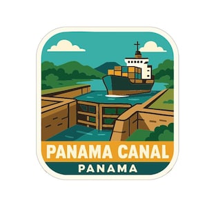 May include: A square sticker featuring a stylized illustration of the Panama Canal. A cargo ship sails through the canal, with green hills and blue water. The text "PANAMA CANAL" and "PANAMA" are in yellow and white.