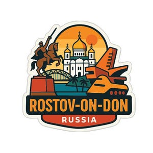 Op de afbeelding: Een sticker met een gestileerde illustratie van Rostov aan de Don, Rusland. Het ontwerp bevat een standbeeld van een man te paard, een kerk, een brug en een militair voertuig, met de stadsnaam.