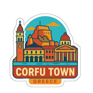 May include: A colorful sticker featuring a stylized illustration of Corfu Town, Greece. The design includes buildings, a clock tower, and the text "CORFU TOWN" and "GREECE". The sticker has a white border and a blue and orange color scheme.
