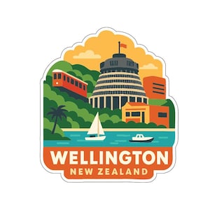 May include: A sticker featuring a colorful illustration of Wellington, New Zealand. The design includes a red cable car, a distinctive building, a sailboat, and the text "WELLINGTON NEW ZEALAND" in a rectangular banner.