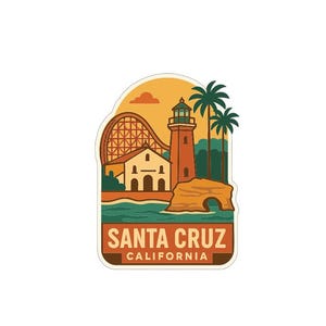 May include: A Santa Cruz, California sticker featuring a lighthouse, roller coaster, and palm trees. The design includes the text "SANTA CRUZ CALIFORNIA" in a rectangular banner at the bottom, with a sunset background.