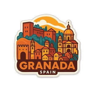 Può includere: Un adesivo colorato con un'illustrazione stilizzata di Granada, Spagna. Il design include edifici, una chiesa e il testo "GRANADA SPAIN" in un banner marrone. Lo sfondo mostra un tramonto.