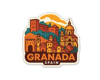 May include: A colorful sticker featuring a stylized illustration of Granada, Spain. The design includes buildings, a church, and the text "GRANADA SPAIN" in a brown banner. The background shows a sunset.