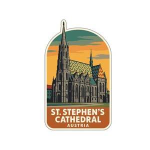 May include: A sticker featuring St. Stephen's Cathedral in Vienna, Austria. The illustration shows the cathedral's intricate architecture, with a tall spire and colorful tiled roof, set against a sunset sky. The text reads "St. Stephen's Cathedral Austria."
