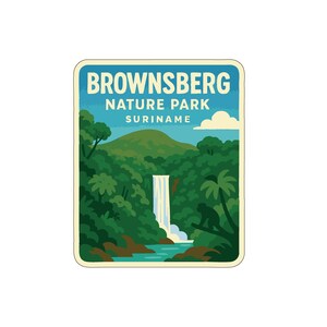 May include: A rectangular sticker with rounded corners features a nature scene. The text "BROWNSBERG NATURE PARK SURINAME" is at the top. The scene includes a waterfall, lush green foliage, and a monkey. The background is light blue.