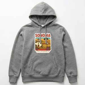 May include: A gray hooded sweatshirt with a front pocket and a drawstring hood. The sweatshirt features a colorful graphic of Sonoma, California, with the text "SONOMA CALIFORNIA" in a rectangular design.