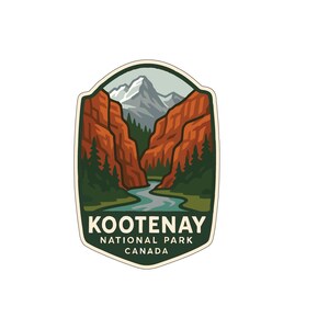 May include: A Kootenay National Park Canada sticker featuring a scenic landscape. The design includes a river winding through a canyon, with mountains in the background. The sticker has a green border and the park's name is displayed.